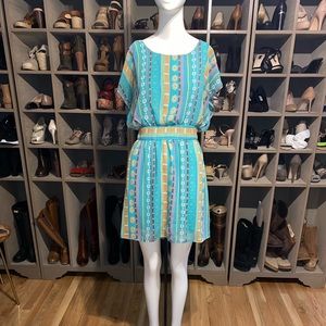 Teal patterned mini dress